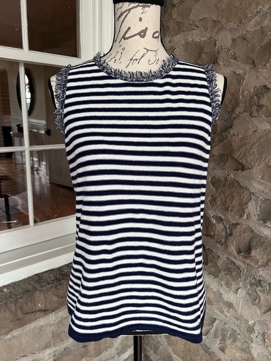 J. McLaughlin Tops - J. McLaughlin size M Navy & White Fringed Stripe Sleeveless sweater/ Tank
